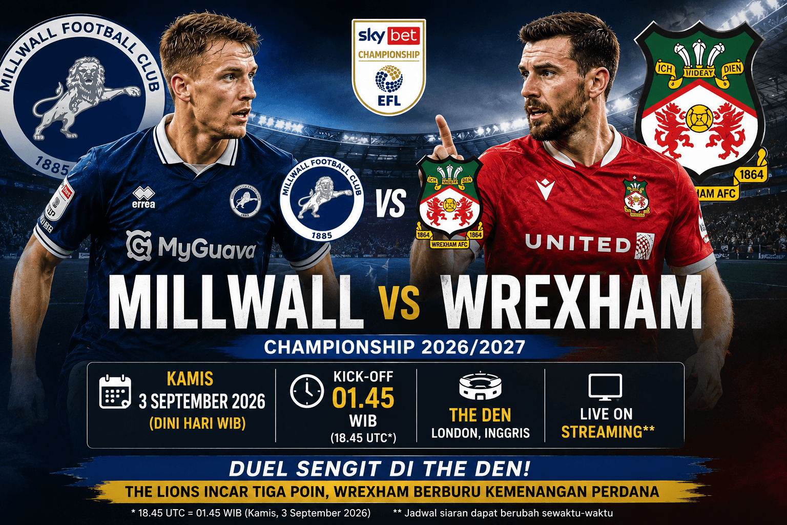 Prediksi Skor Millwall vs Wrexham di Championship 2026/2027: Duel Sengit di The Den, Josh Coburn Tantang Kieffer Moore