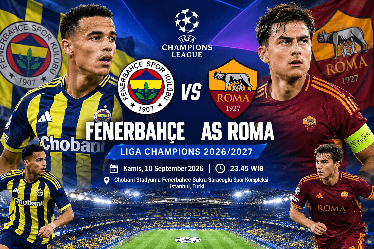 Prediksi Skor Fenerbahce vs AS Roma di Liga Champions 2026/2027: Duel Sengit di Istanbul